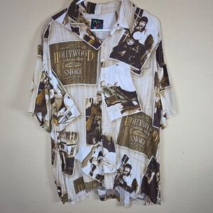Vintage Jams World Hollywood Smoke Pinup Rayon Button Down Shirt Mens‎ Large Tan